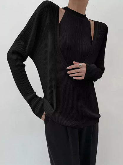 Conjunto de dos piezas de camiseta de tirantes de punto con cuello halter y jersey holgado con cuello en U para mujer