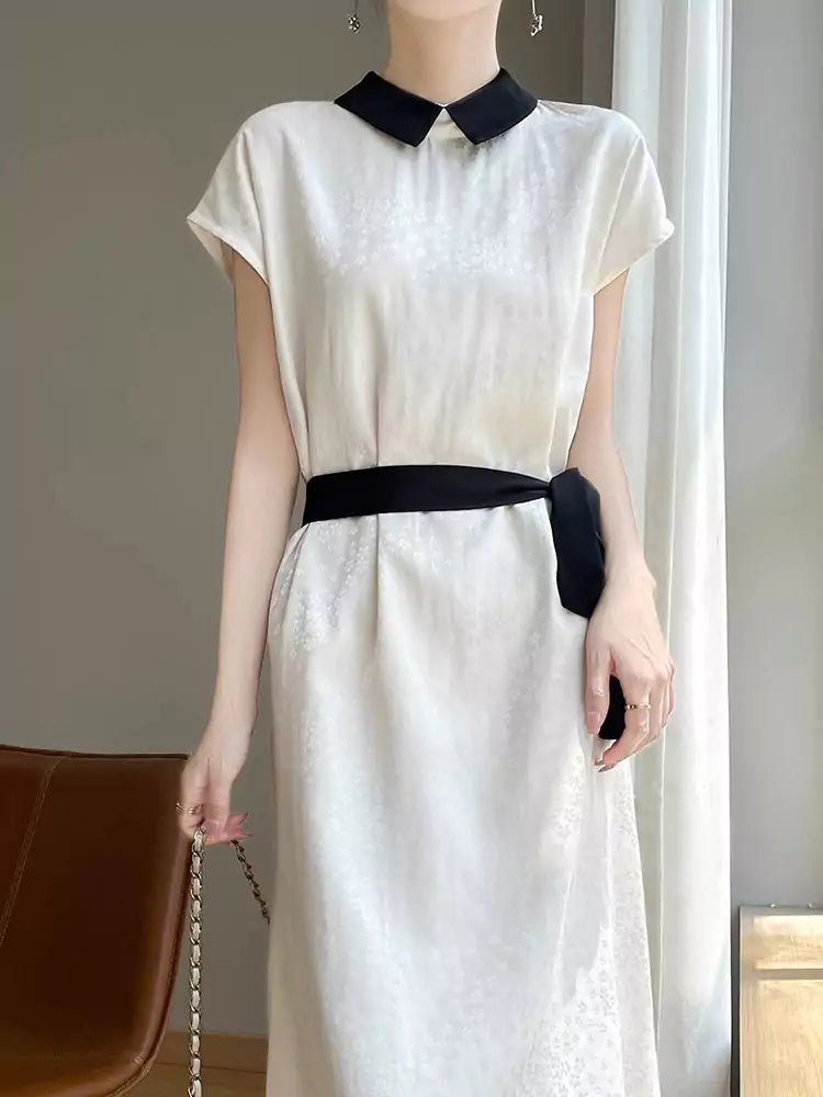 Acetate Satin Printed Midi Dress with Doll Collar and Waist Tie for Women