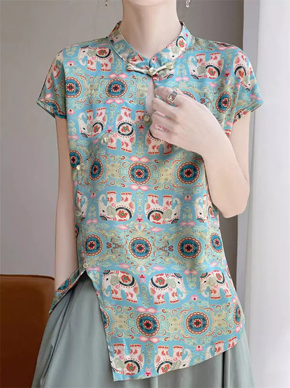 Vintage Chinese Style Jacquard Satin Short Sleeve Loose Blouse for Women