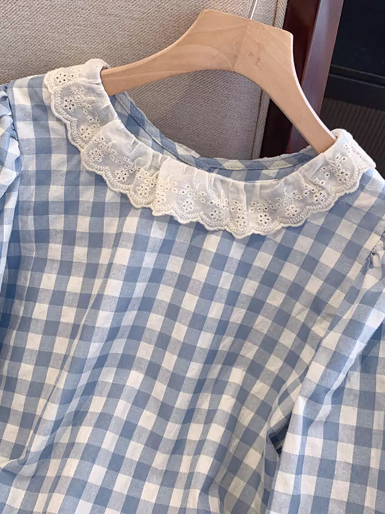 French Style Long Sleeve Plaid Shirt with Lace Trim for Women