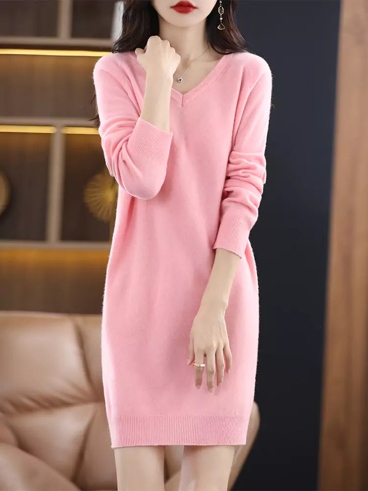 Grüner Damen-Wollpullover mit V-Ausschnitt, lockerer Passform und mittellangem, figurbetontem Design