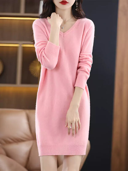 Grüner Damen-Wollpullover mit V-Ausschnitt, lockerer Passform und mittellangem, figurbetontem Design