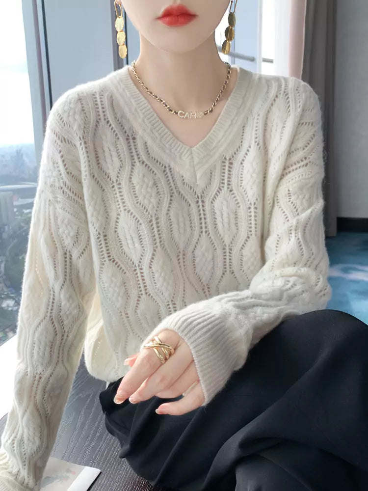 White  Hollow Cable V-Neck Pullover Wool Sweater for Women in Loose Casual Style