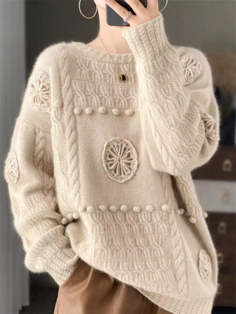 Vintage Round Neck Pullover Wool Sweater for Women with 3D Floral Embroidery
