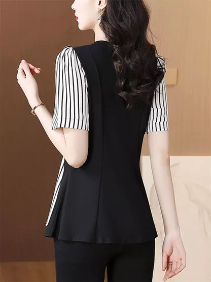 Kurzarm-Streifen-Patchwork-Shirt in Übergröße für Damen