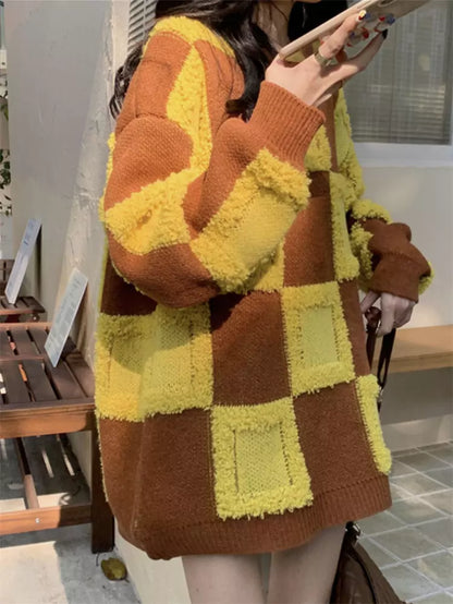 Suéter de punto a cuadros verde azulado de longitud media con cuello redondo para mujer