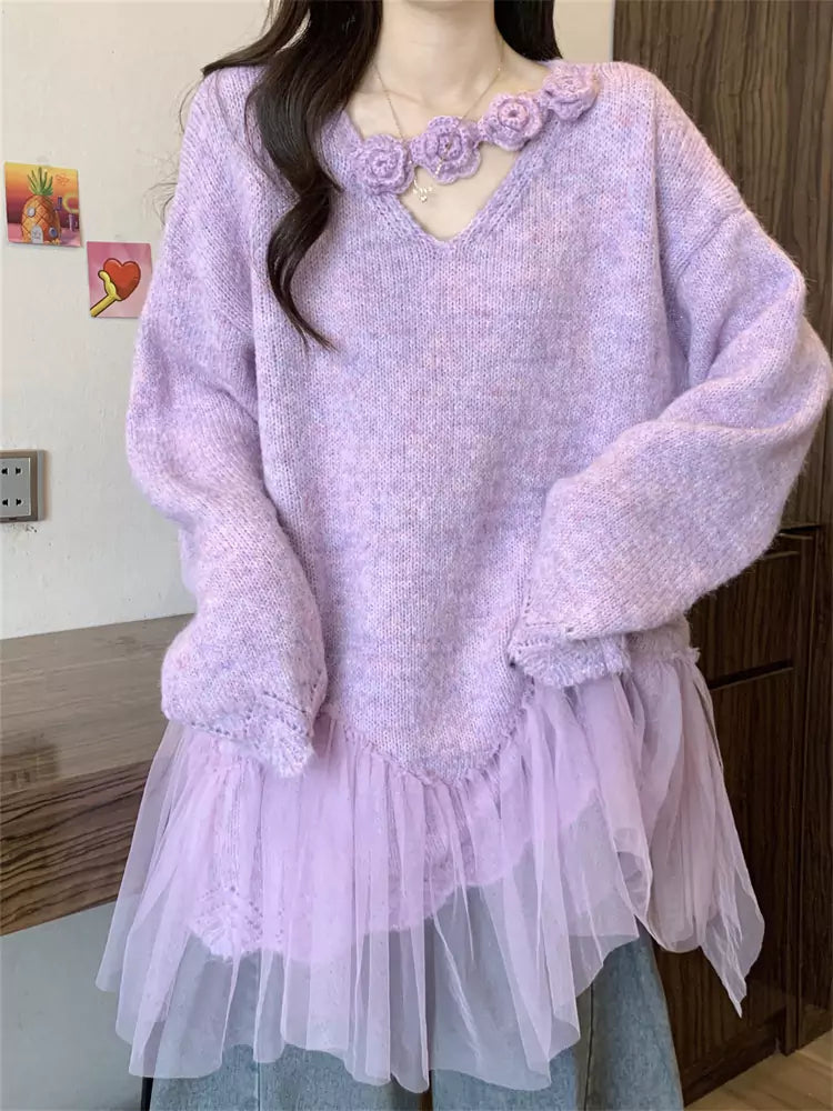 Suéter de punto morado con cuello en V y cuello halter para mujer, talla grande, con parches de malla floral 3D