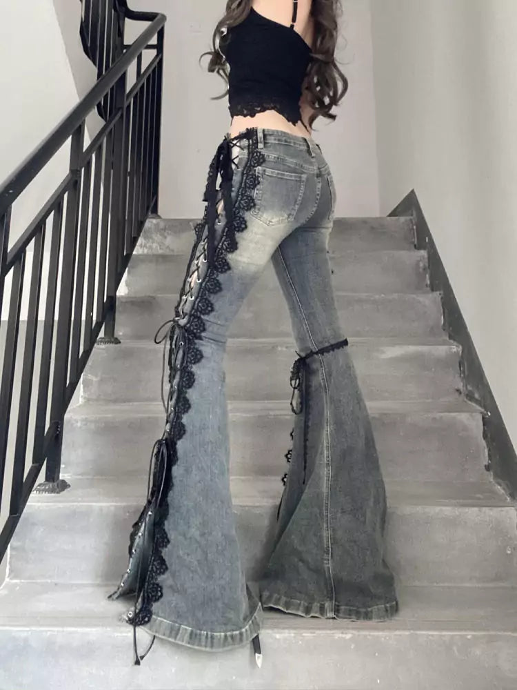 Vintage Plus Size Slim Fit Lace-Up Split Denim Flared Pants for Women