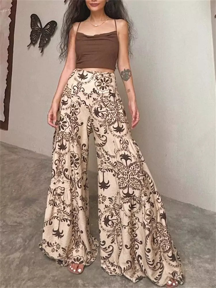 Pantalones anchos elegantes de estilo bohemio con estampado marrón para mujer, talla grande