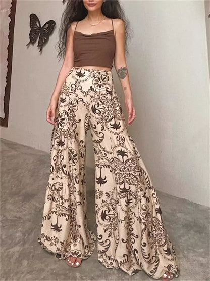 Pantalones anchos elegantes de estilo bohemio con estampado marrón para mujer, talla grande