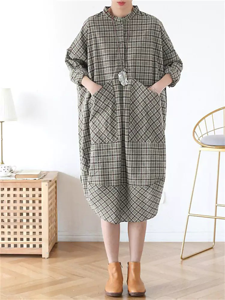 Vintage Plaid Loose Fit Dress with Pockets for Women