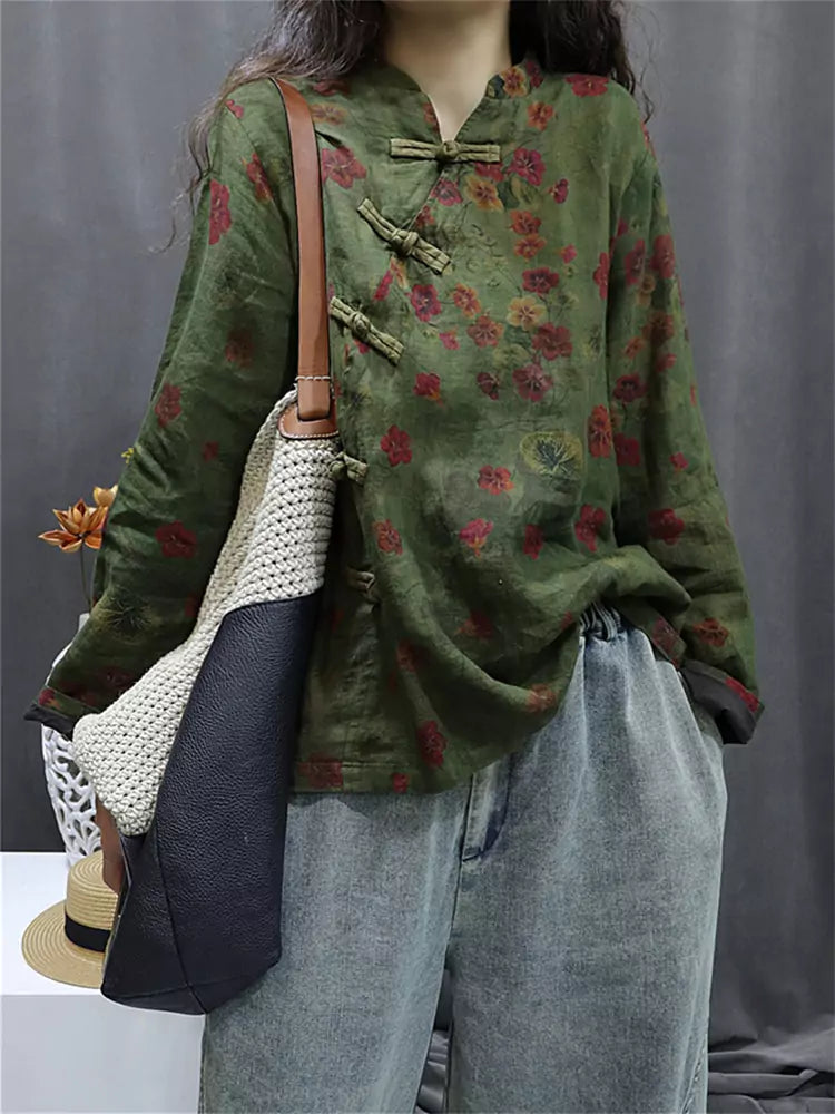 Vintage-Hemd im chinesischen Stil aus Baumwoll-Leinen mit schrägem Kragen für Damen