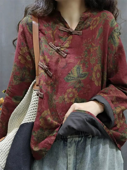 Vintage-Hemd im chinesischen Stil aus Baumwoll-Leinen mit schrägem Kragen für Damen