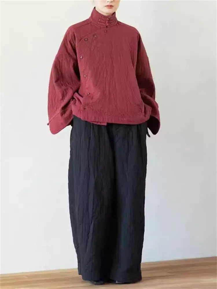 Nueva blusa con botones de rana roja estilo chino para mujer