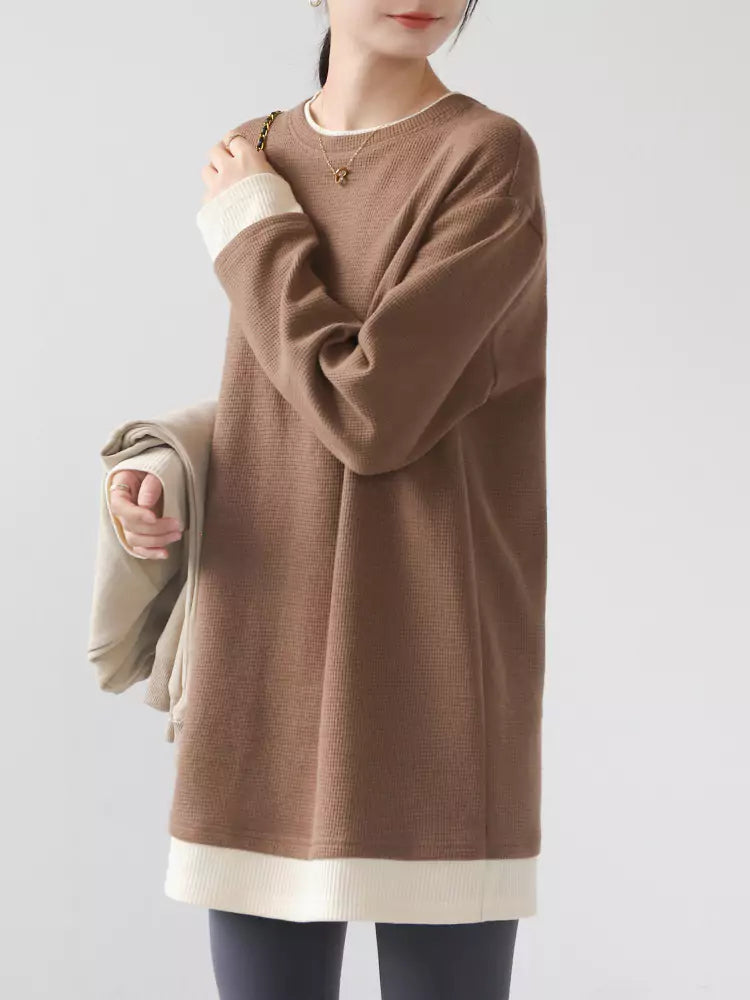 Two-in-One Coffee Color Block Long Sleeve T-Shirt for Women