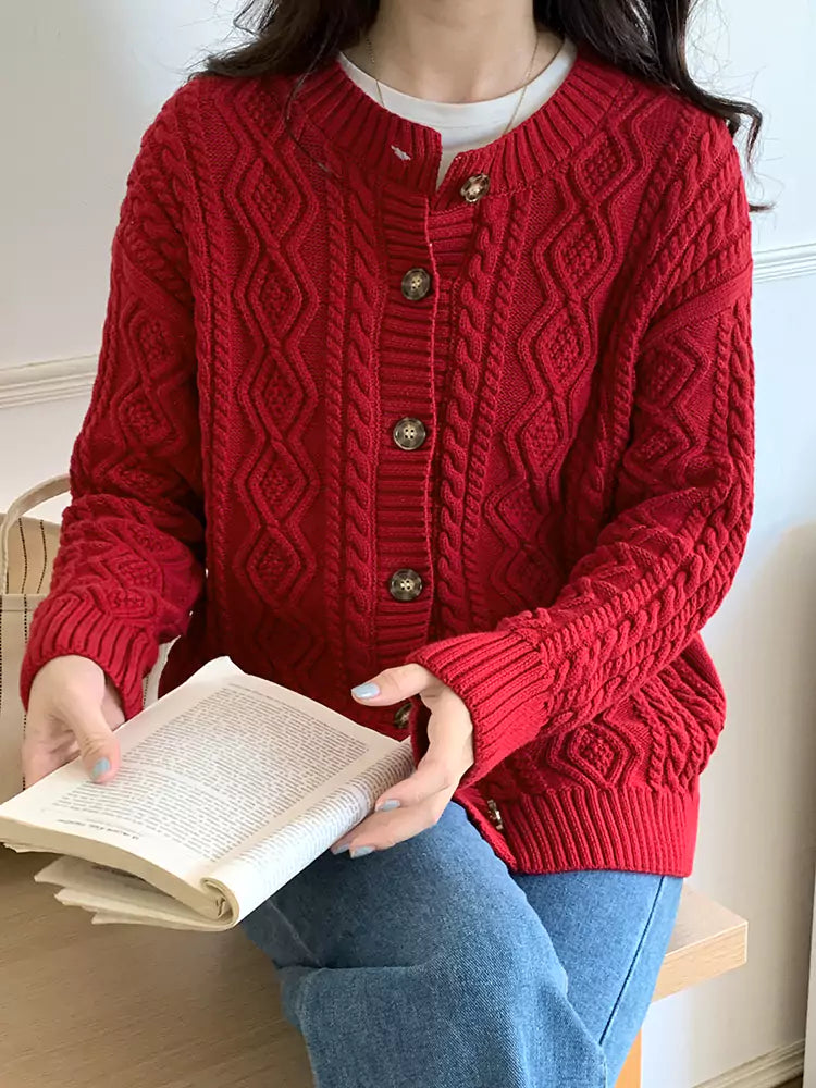 Cárdigan de punto trenzado de algodón para mujer