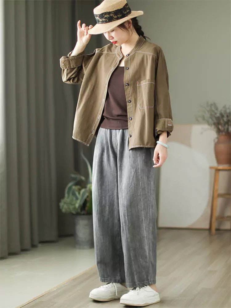 Vintage-grünes, langärmeliges, locker sitzendes Baumwollhemd mit Kontrastnähten und kontrastierenden Ziernähten für Damen