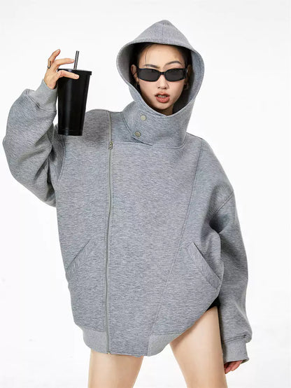 Sudadera con capucha asimétrica con cremallera gris claro vintage para mujer