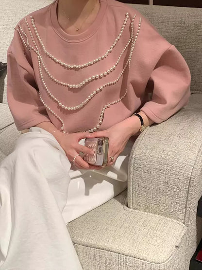 Aprikosenfarbenes, perlenbesetztes Kurzarm-T-Shirt für Damen