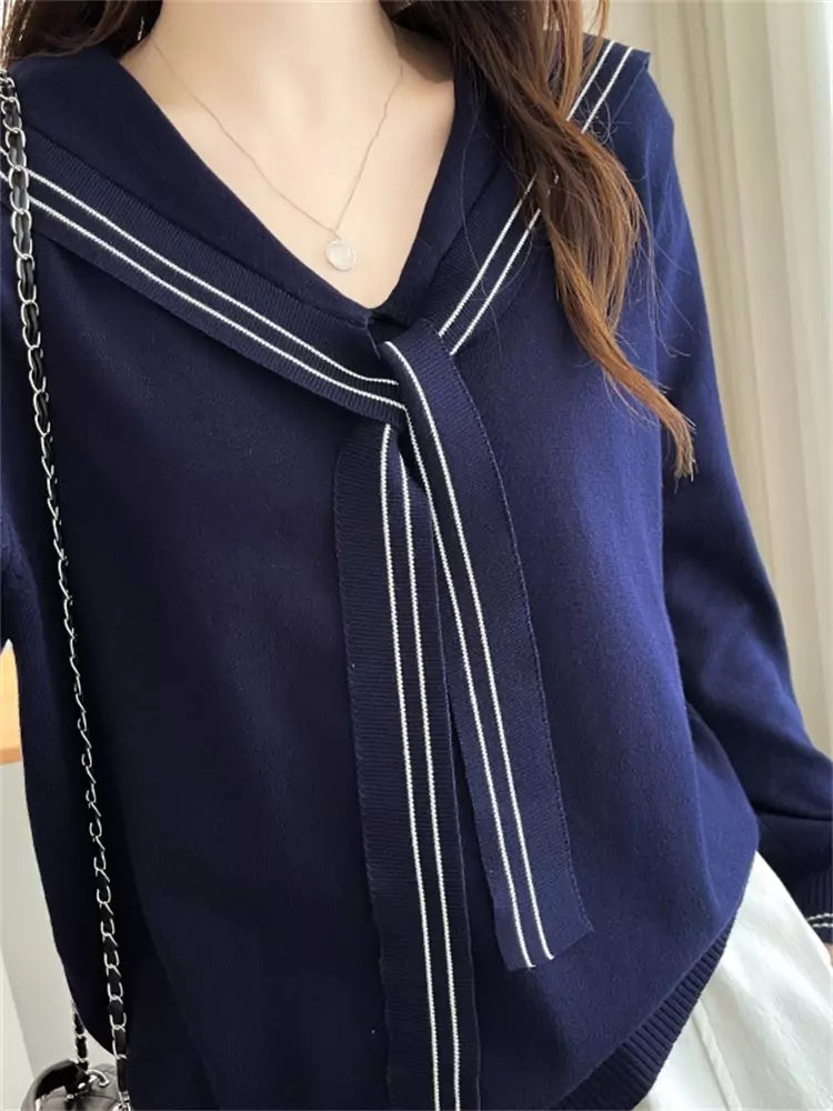 Striped Gray Sailor Collar Knit Sweater for Women
