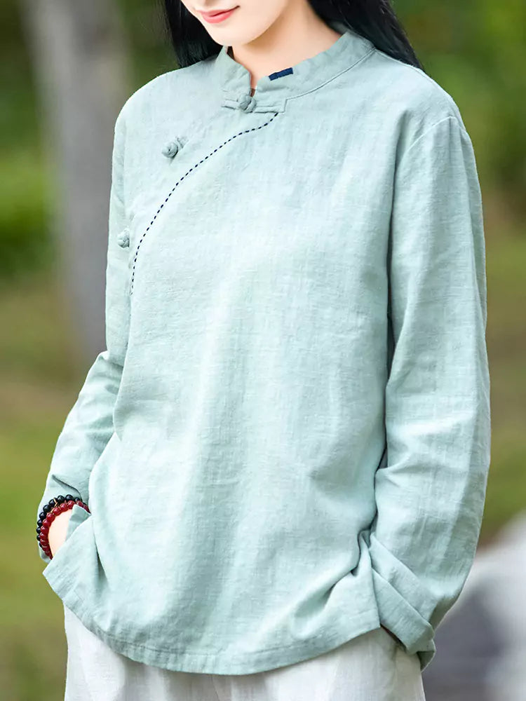 Vintage-Leinenbluse für Damen mit Stehkragen – Bluse im chinesischen Stil mit Knöpfen