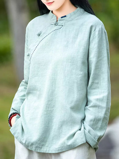 Vintage-Leinenbluse für Damen mit Stehkragen – Bluse im chinesischen Stil mit Knöpfen