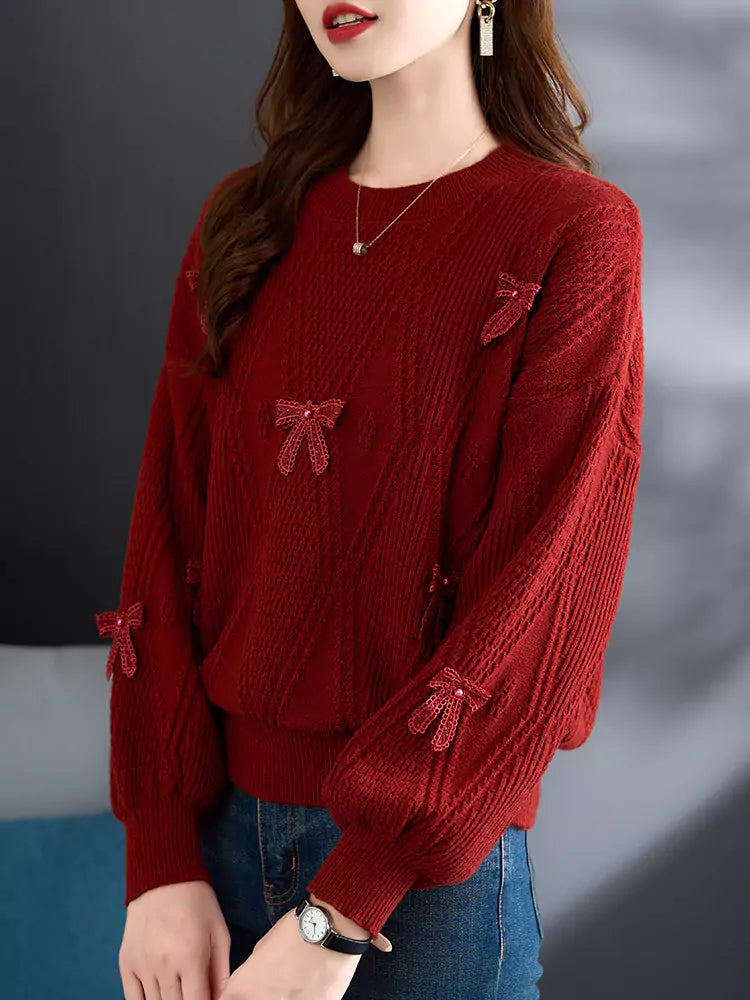 Damen-Strickpullover mit roter Schleife – Kurzer Pullover für Herbst und Winter