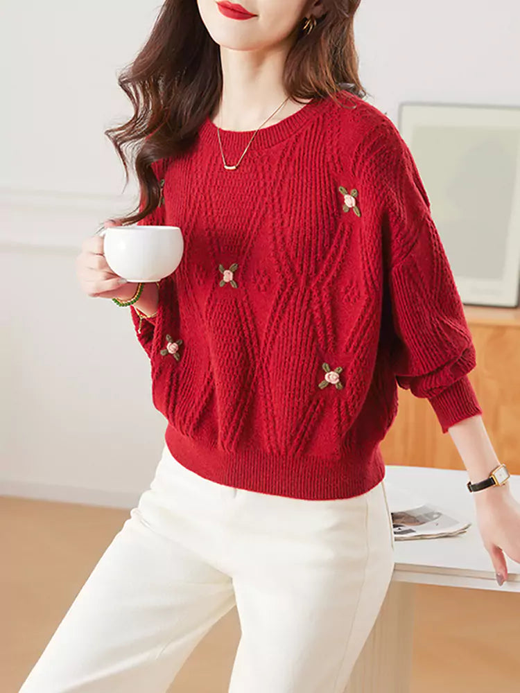 Women’s Camel Embroidered Sweater – Short Knit Pullover for Autumn Winter