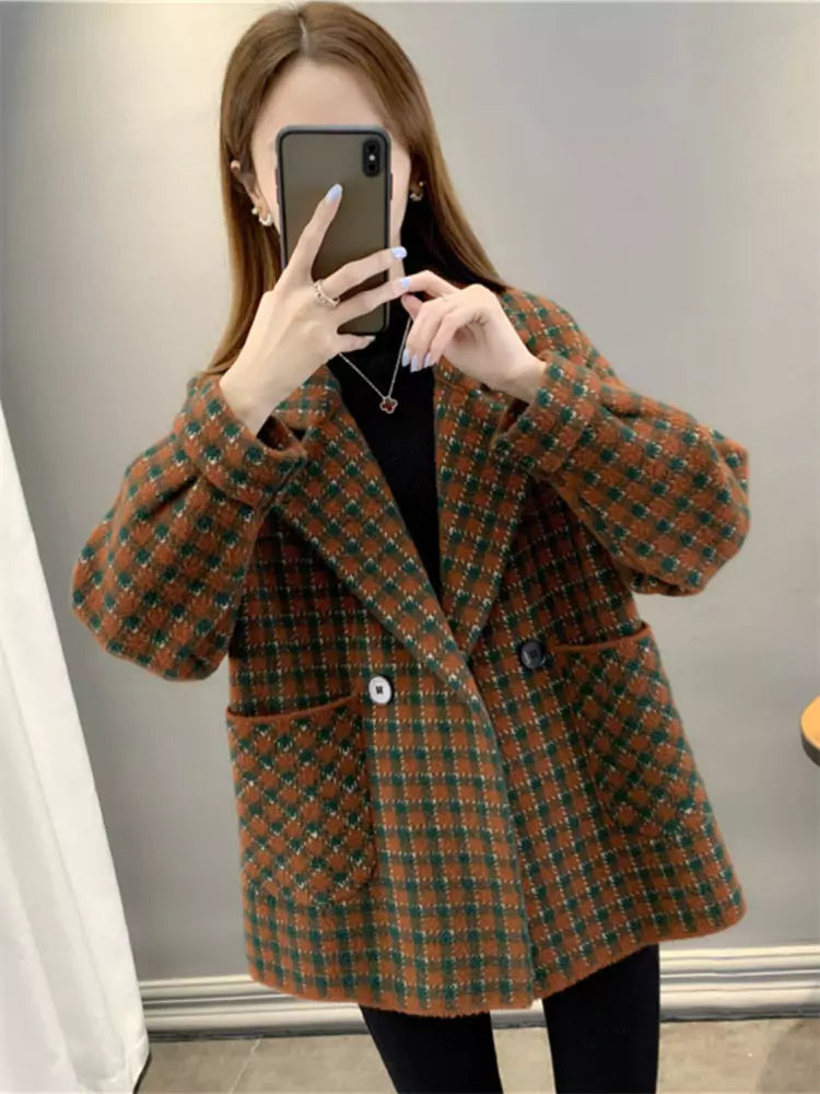 Women’s Short Plaid Wool Blend Coat – Loose Fit Autumn Winter Blazer Collar Outerwear