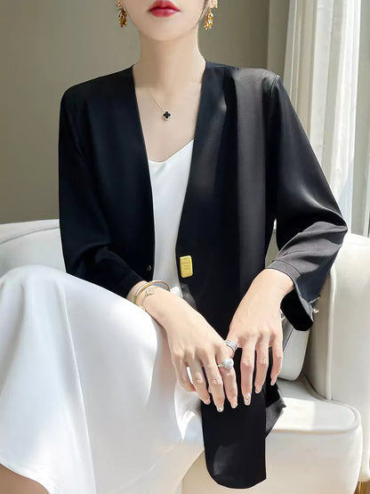 Schwarzer Damen-Satinblazer mit V-Ausschnitt – Figurformende Jacke mit 3/4-Ärmeln