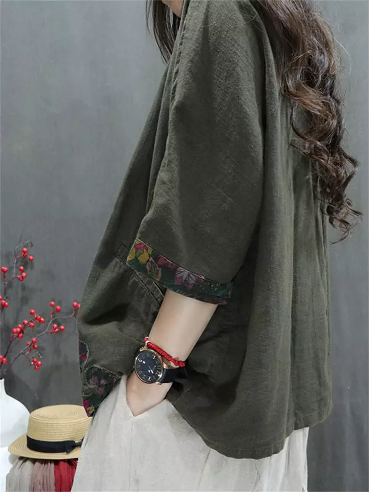 Women’s Vintage Printed Linen Blouse – Loose Fit Casual Buttoned Top