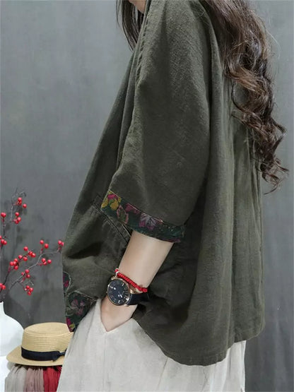 Vintage-Leinenbluse für Damen mit Print – Lässiges, locker geschnittenes Oberteil mit Knöpfen