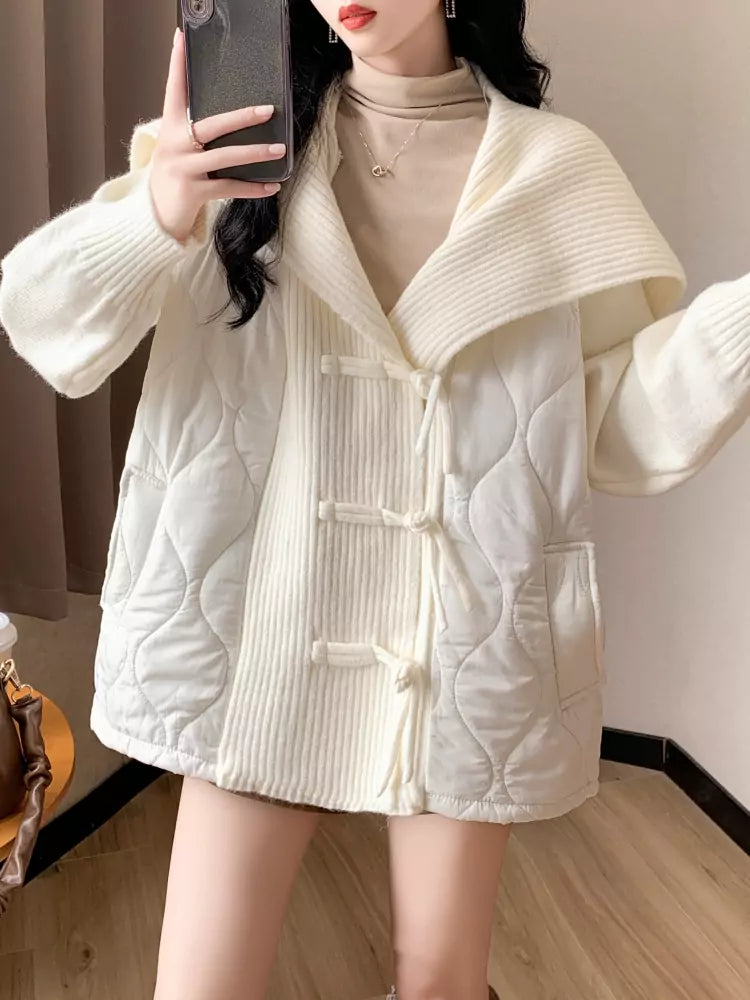 Beige-blaue Strickjacke mit Kragen für Damen