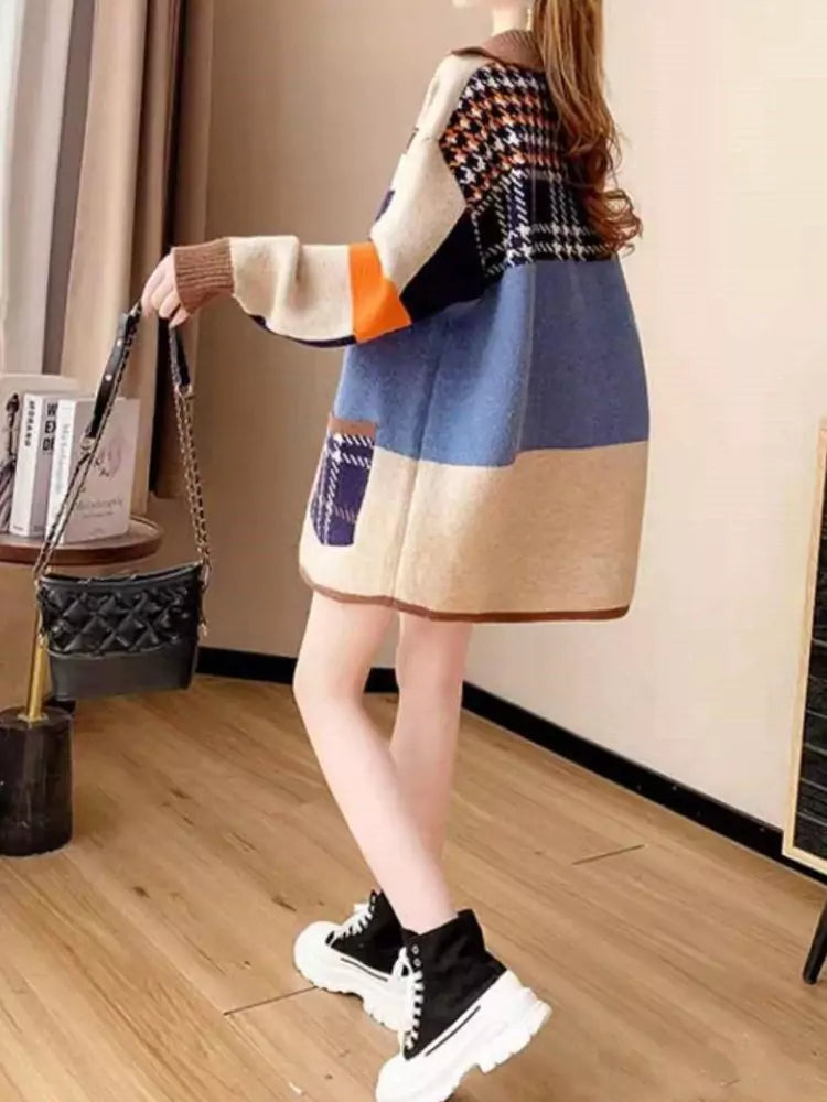 Koreanischer Strickcardigan mit lockerer Passform und Farbblock-Design für Damen