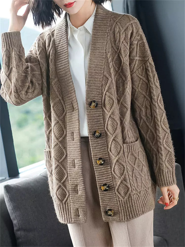 Blauer, grob gestrickter Cardigan für Damen