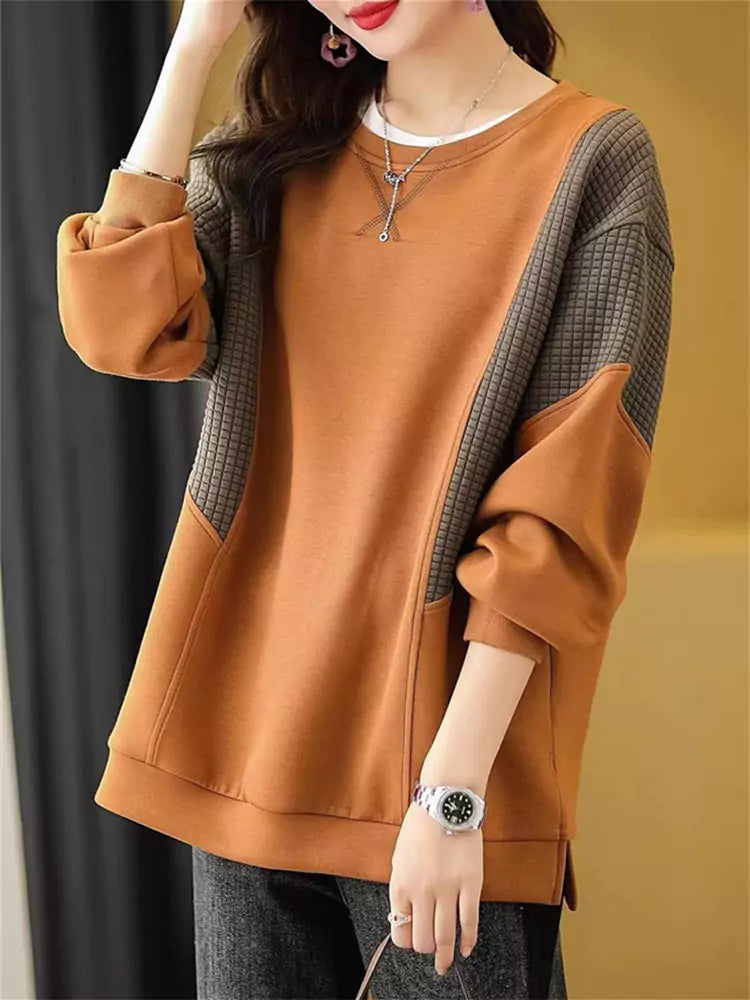 Korean Style Plus Size Color Block Plaid Split Sweatshirt for Women