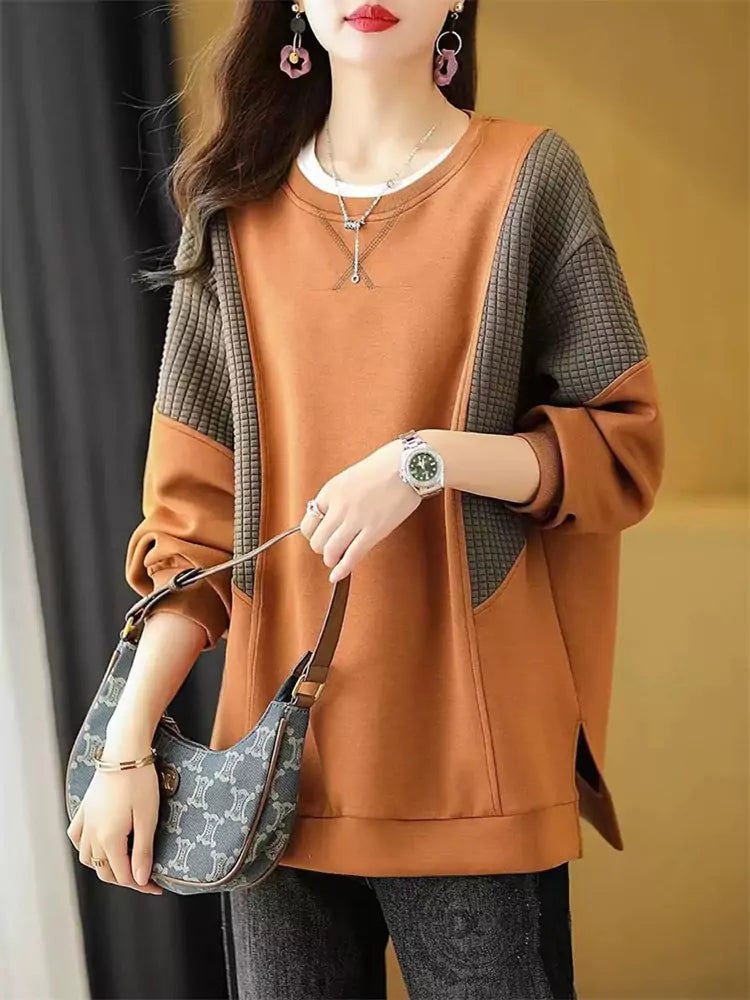 Korean Style Plus Size Color Block Plaid Split Sweatshirt for Women
