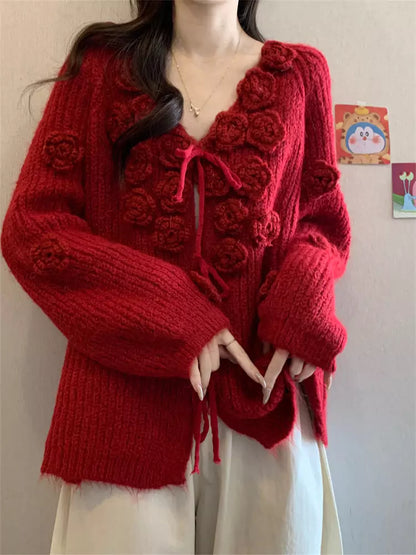 Cárdigan de punto con cuello en V y estampado floral 3D rosa para mujer