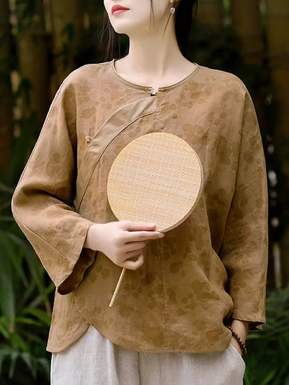 Gelbes Damenhemd im neuen chinesischen Stil aus Leinen mit Kreuzkragen und Froschknöpfen