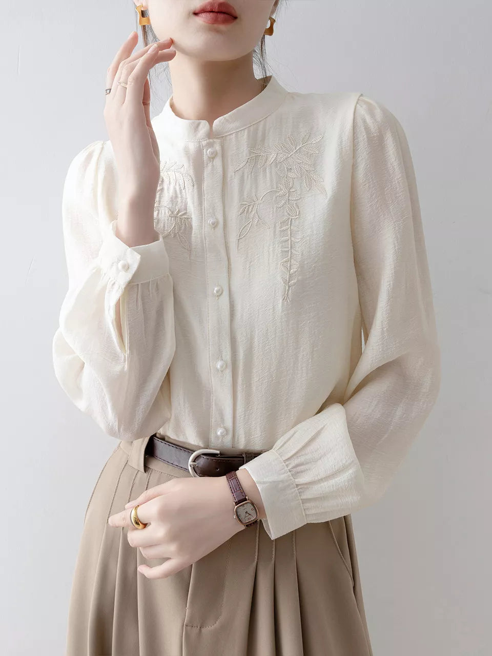 Apricot Embroidered Stand Collar Blouse for Women