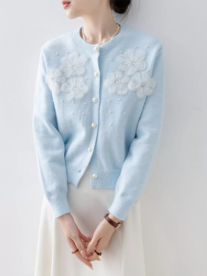 Cárdigan de punto holgado azul cielo para mujer con diseño floral y cuentas