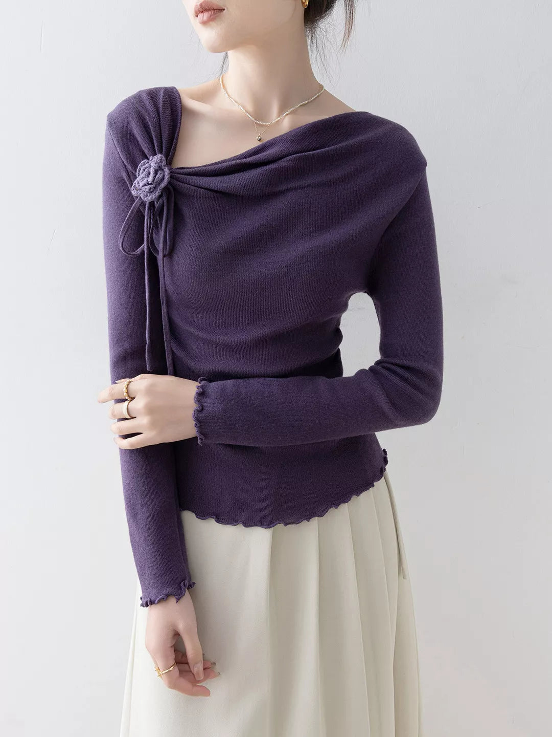 Purple Floral Ruffled Asymmetric Neck Knit Top for Women
