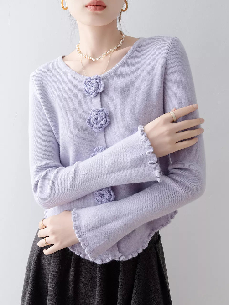 Elegant Purple Round Neck Knit Top with Floral & Ruffle Details