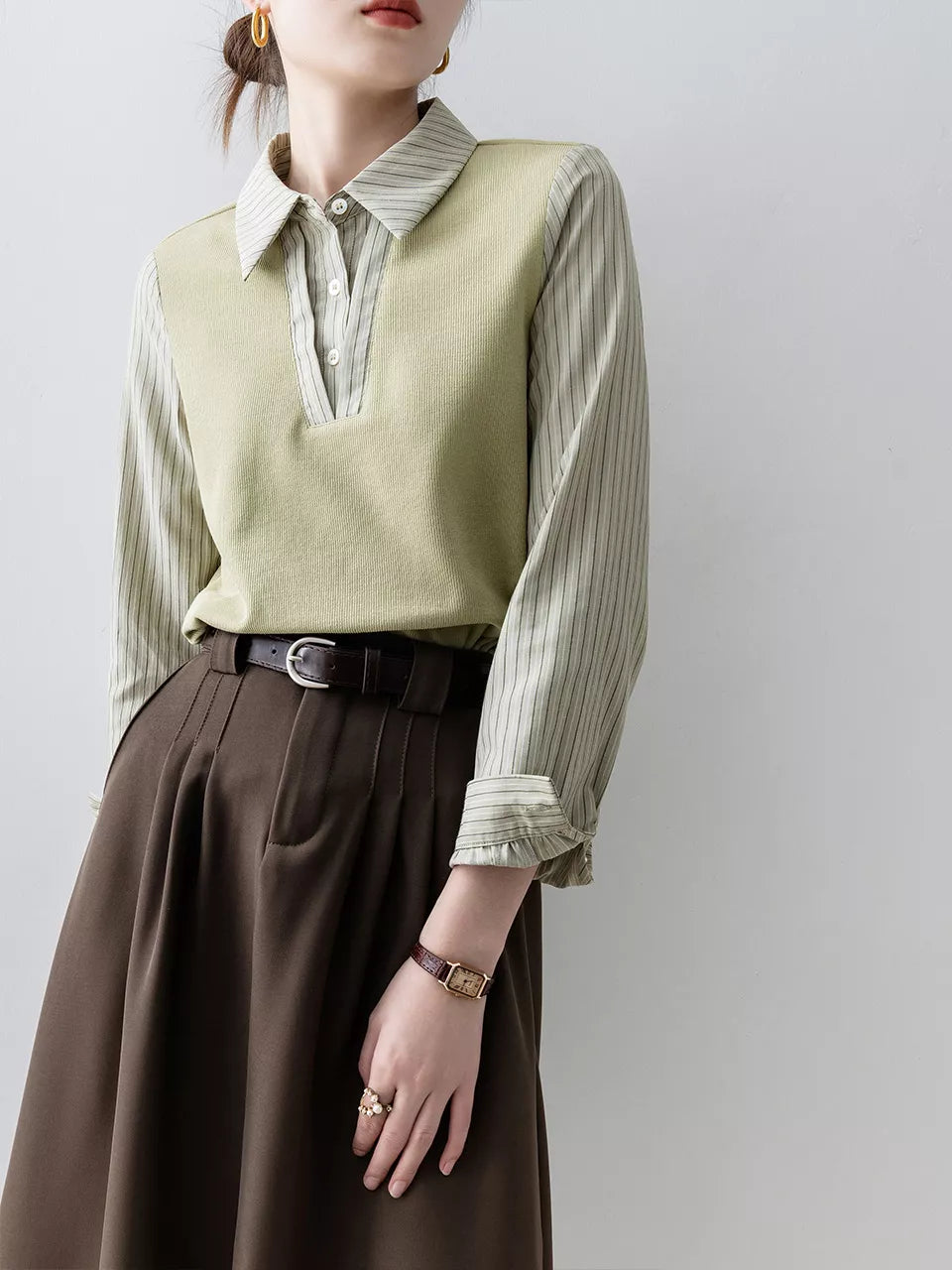 Stylish French Style Green Layered-Look Patchwork Shirt for Women