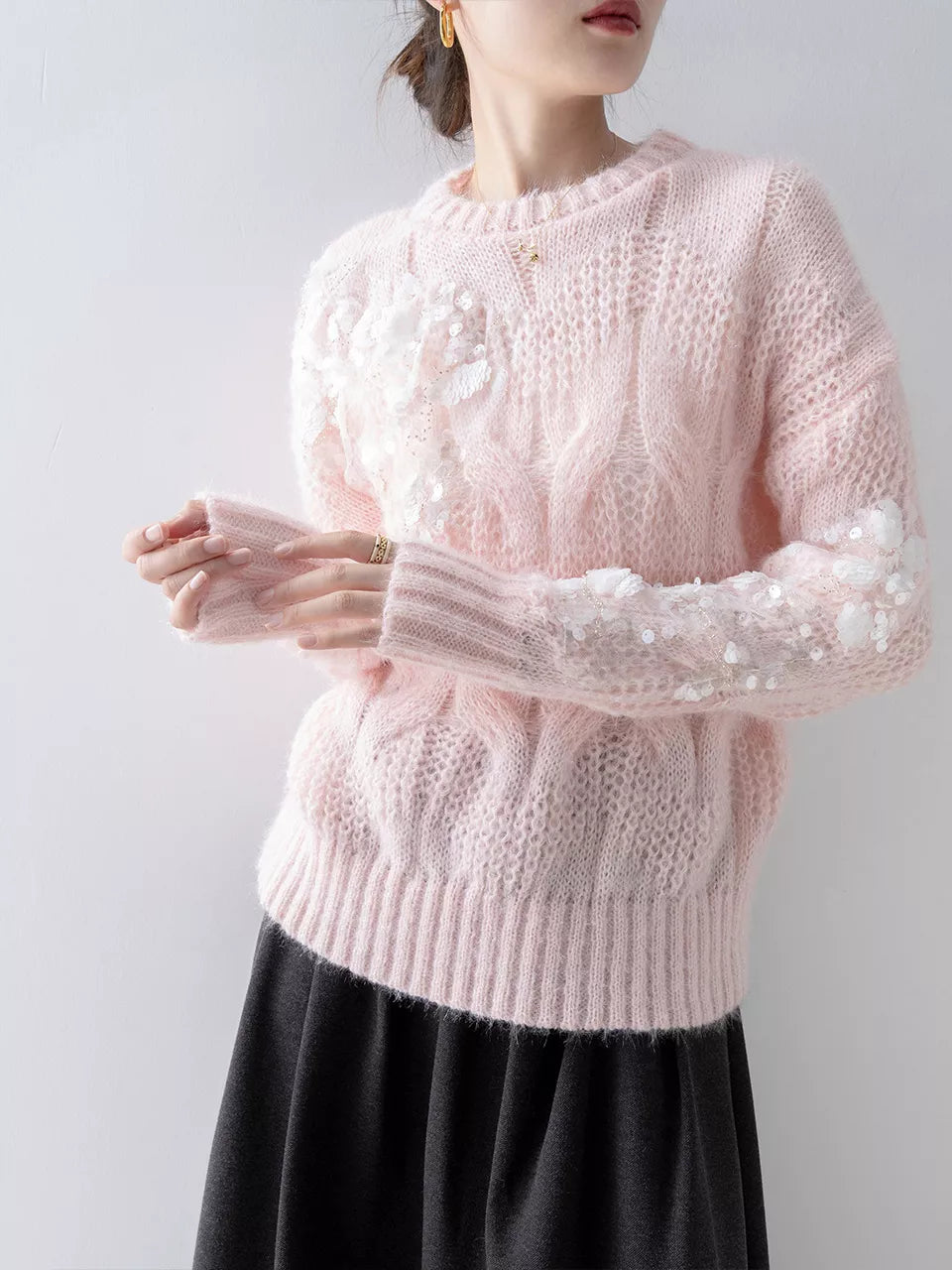 Rosa Pailletten-Mohair-Strickpullover für Damen
