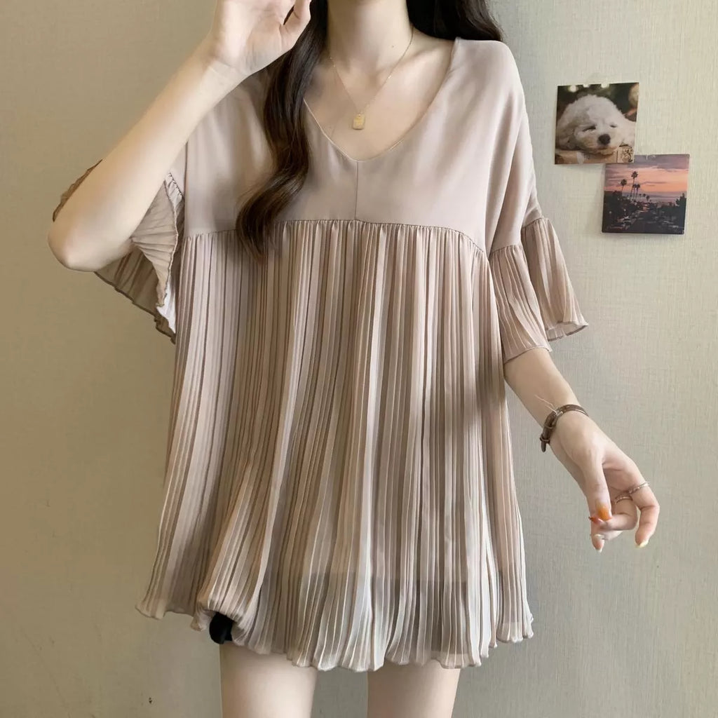 V-Neck Pleated Chiffon Blouse for Women