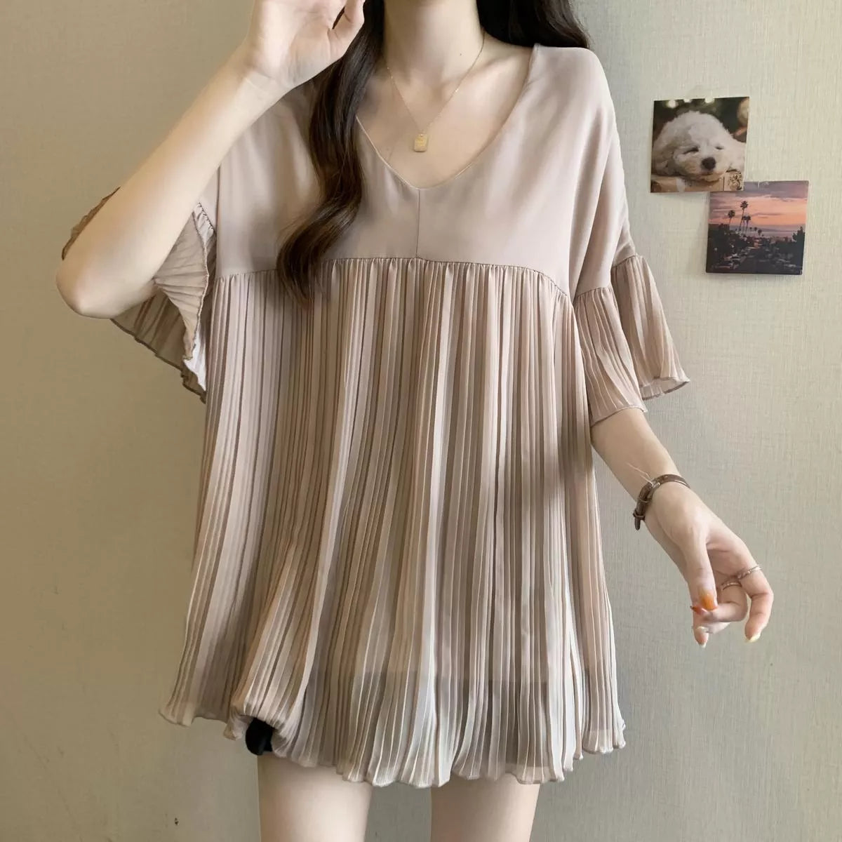 V-Neck Pleated Chiffon Blouse for Women