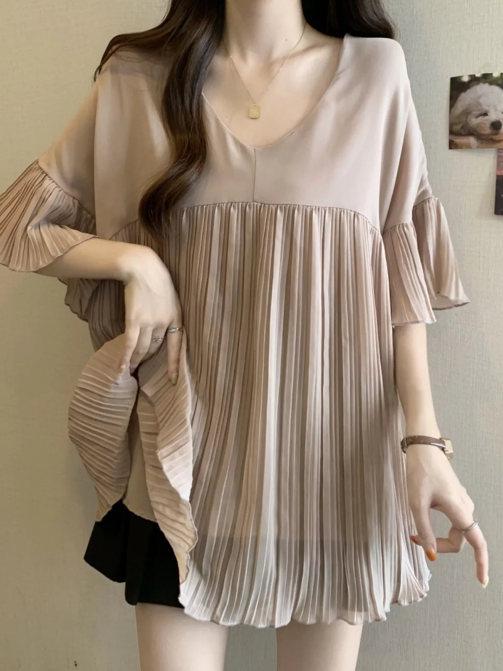 V-Neck Pleated Chiffon Blouse for Women