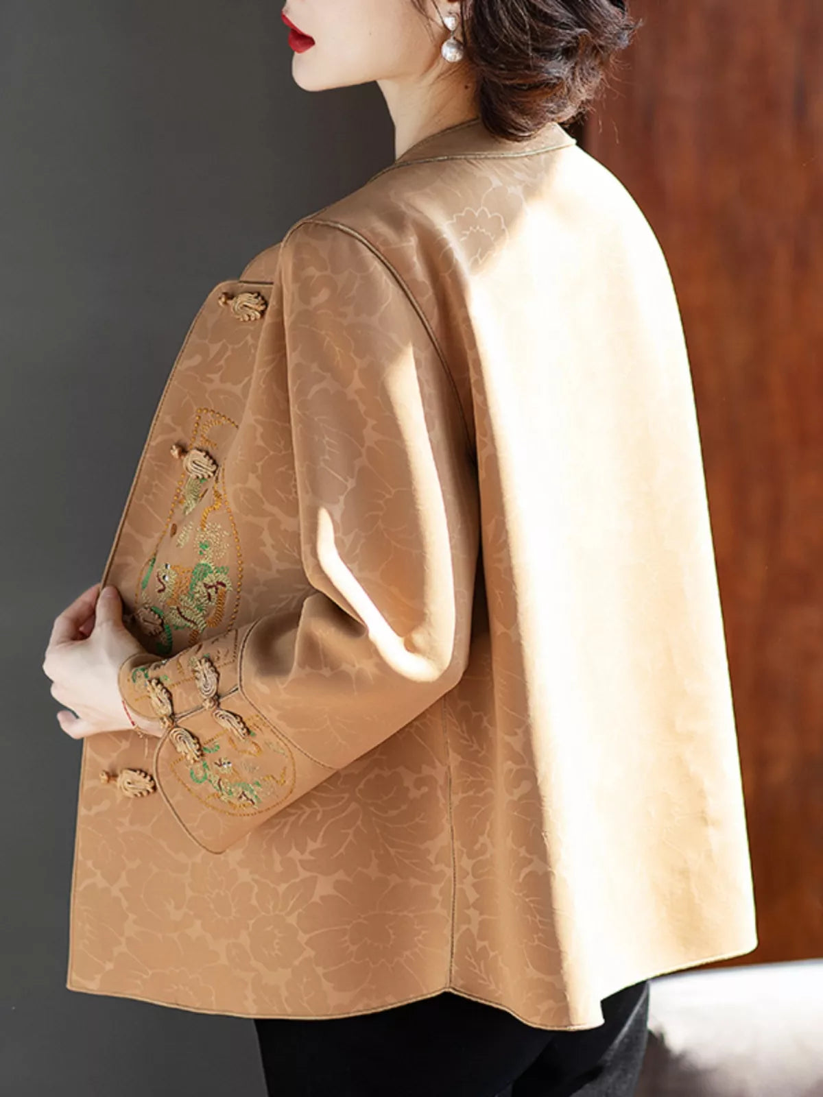 Khaki Loose Stand Collar Printed Jacket for Women