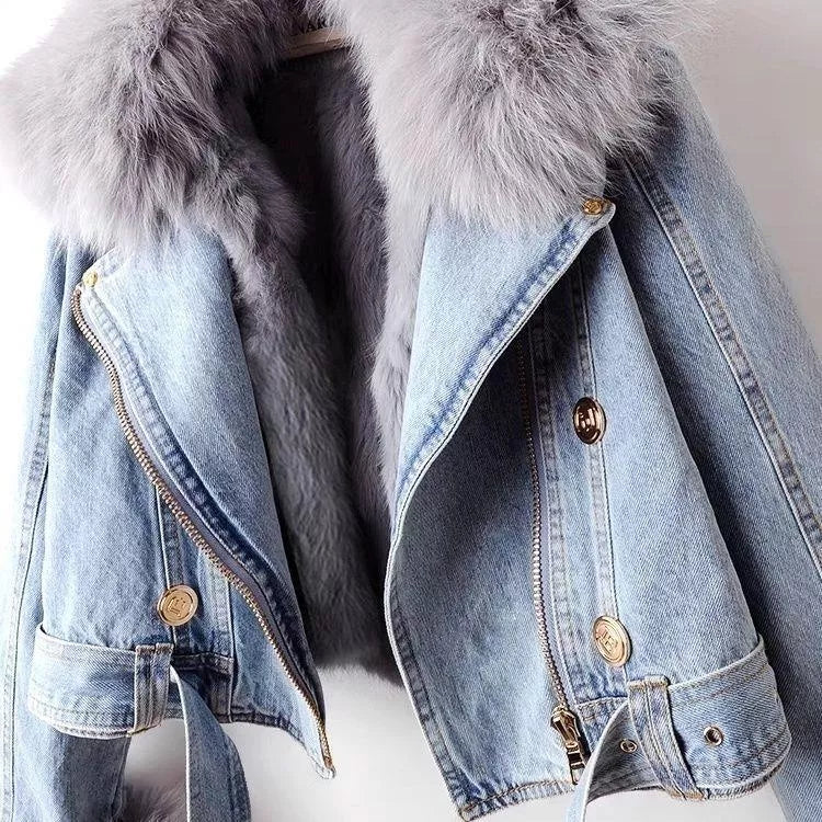 Detachable Faux Fox Fur Lined Denim Jacket for Women